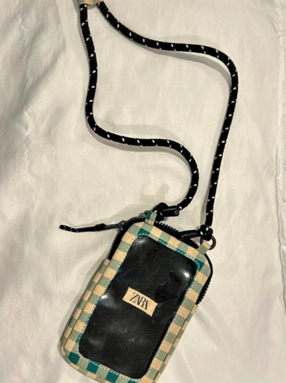 Zara Checkered Crossbody Phone Bag in Green & Cream
